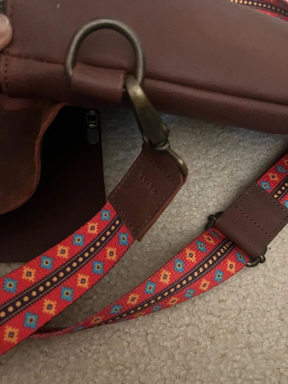 Burgundy Crossbody Messenger Bag with Patterned Strap - Picture 5 of 6